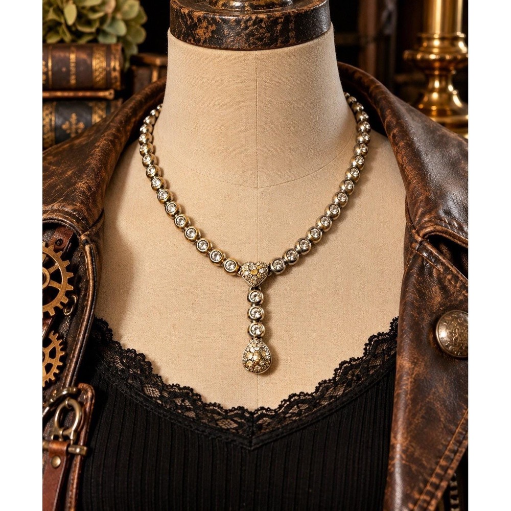 Vintage Silver Tone Clear Rhinestone Necklace Industrial Link Y Drop Statement